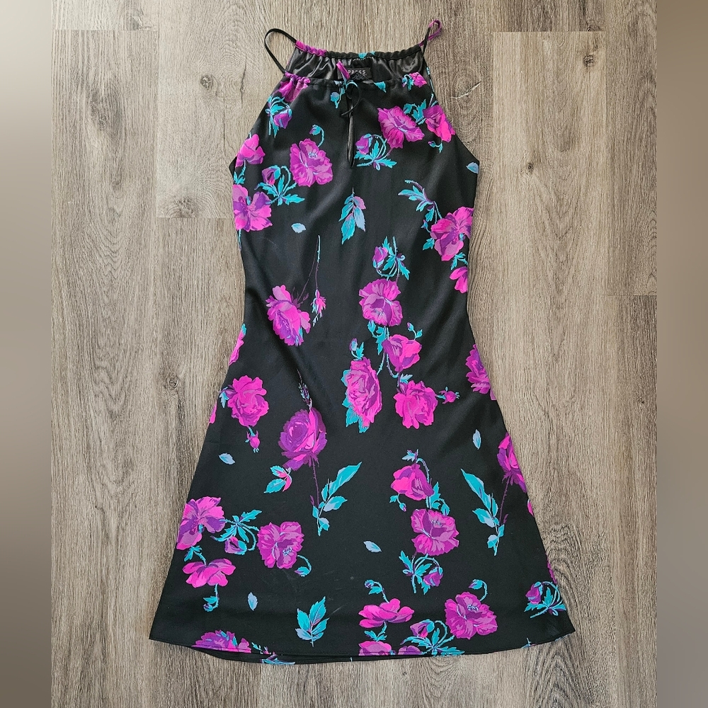 Express World Brand Black Apron Neck Keyhole Dress with Floral Design